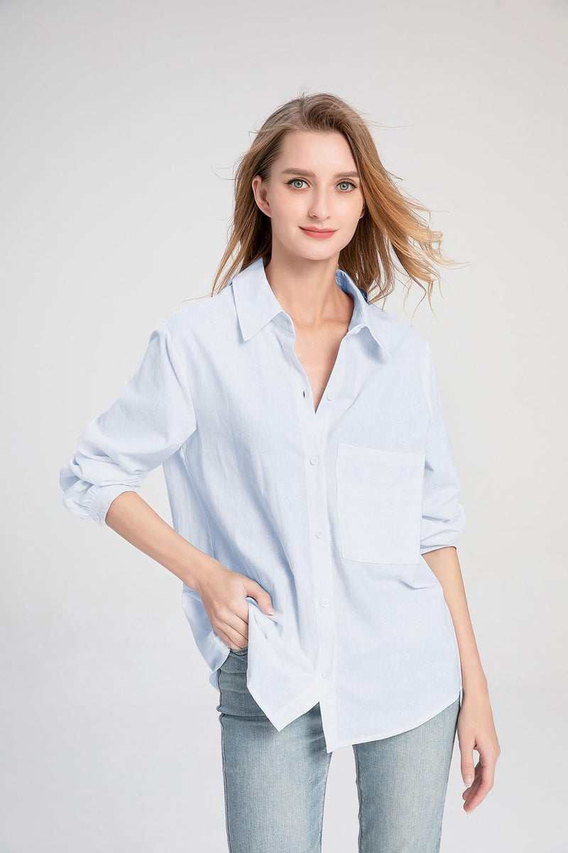 Minibee Women's Casual Cotton Linen Blouse Plus Size High Low Shirt Long Sleeve Tops Light Blue - Image 2